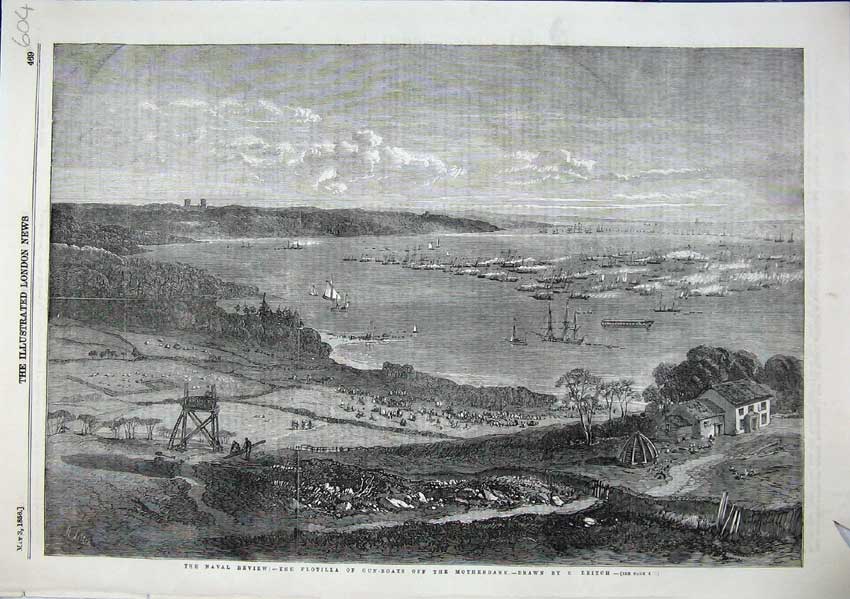 Original Old Antique Print Flottila Gun Boats Motherbank Leitch Art 1856 19th