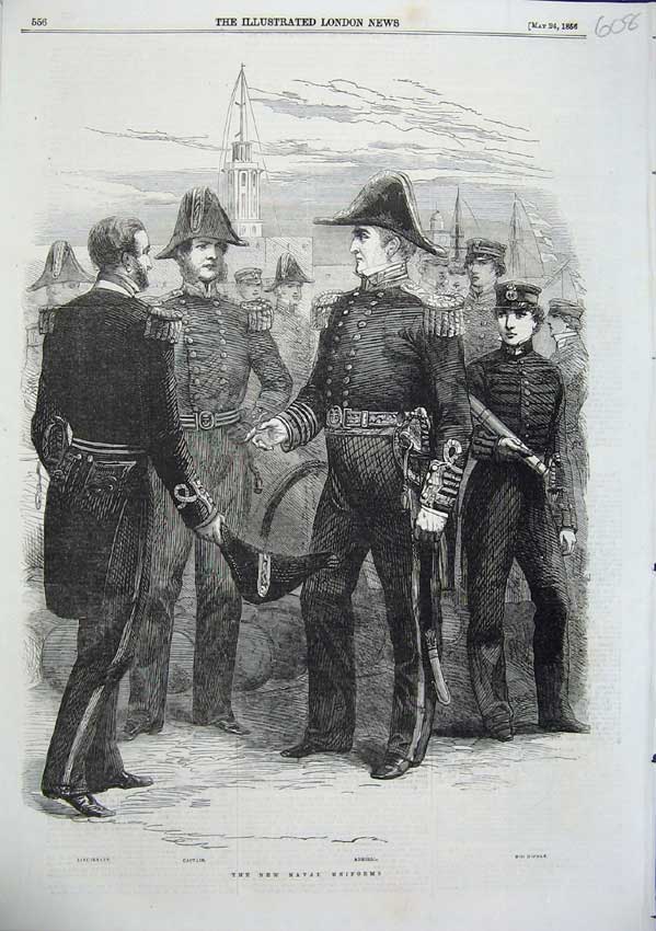 Original Old Antique Print 1856 New Naval Uniforms Captain Admiral Mid Shipman