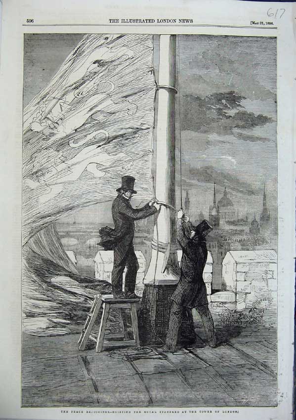 Original Old Antique Print Rejoicing Peace Hoisting Royal Standard Tower London
