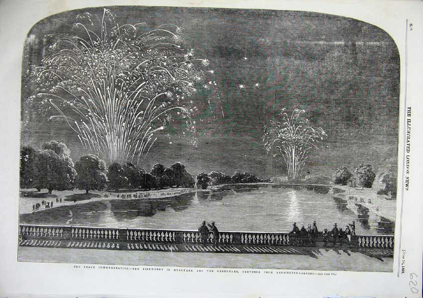 Old Antique Print Fireworks Hyde Park Green Park Kensington Gardens 1856 19th