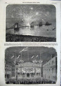 Original Old Antique Print 1856 Brighton Fireworks Pier Salfords Townhall 19th