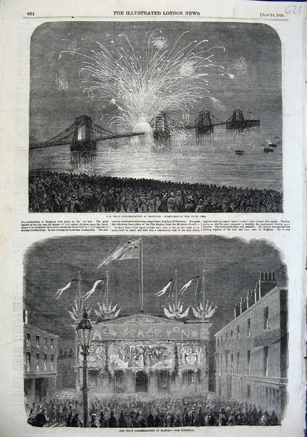 Original Old Antique Print 1856 Brighton Fireworks Pier Salfords Townhall 19th