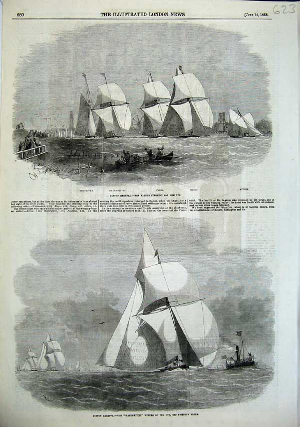 Original Old Antique Print Boston Regatta Magic Fairy Waterwitch Winner 1856