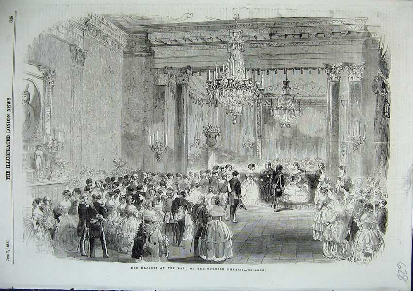Original Old Antique Print Her Majesty At Ball Turkish Embassy Ladies Men 1856