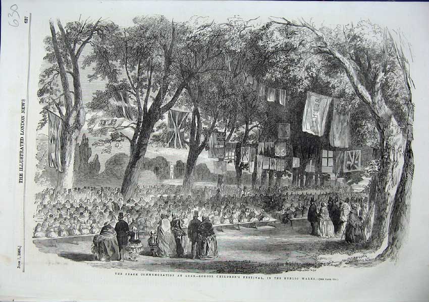 Original Old Antique Print Lynn School Childrens Festival Public Walks 1856