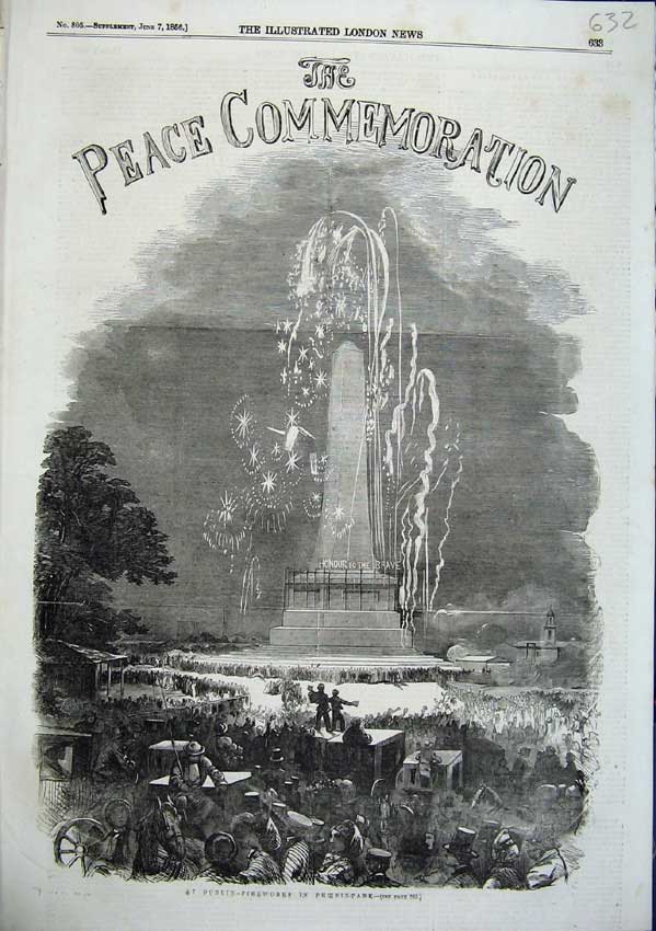 Old Antique Print Dublin Fireworks Phoenix Park Peace Commemoration 1856 19th
