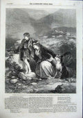 Original Old Antique Print Looking Out Topham Fine Art Lady Child Dog 1856 19th
