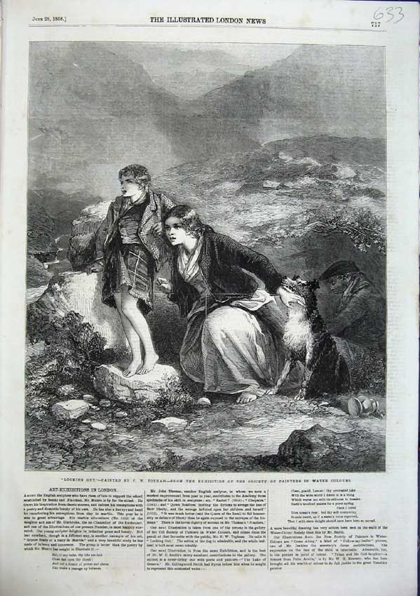 Original Old Antique Print Looking Out Topham Fine Art Lady Child Dog 1856 19th