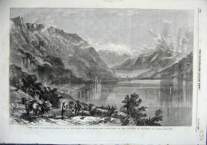 Original Old Antique Print Lake Geneva Collingwood Fine Art Water Colours 1856