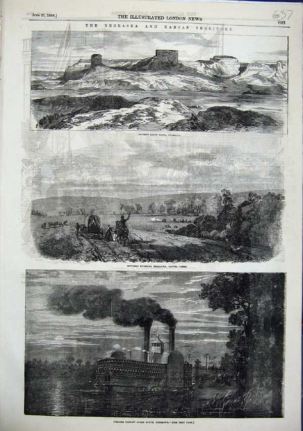 Old Antique Print Nebraska Kansas Territory Pappea Creek Steam Boat 1856 19th