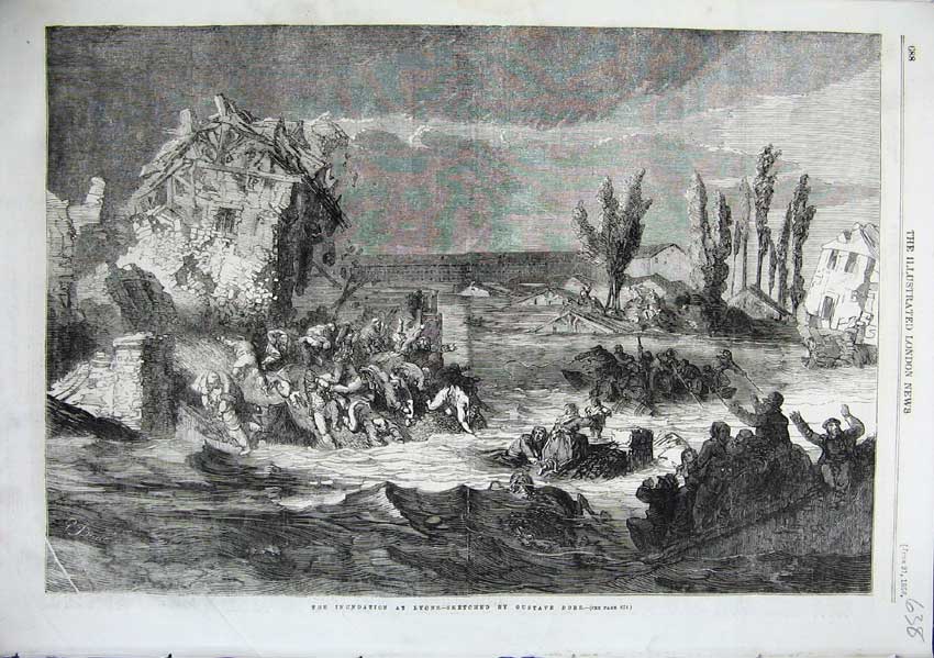 Old Antique Print Inundation Lyons Devastating Scenes Gustave Dore 1856 19th