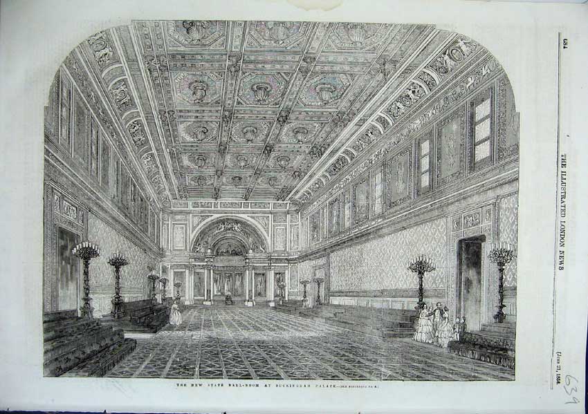 Original Old Antique Print New State Ball Room Buckingham Palace 1856 Victorian