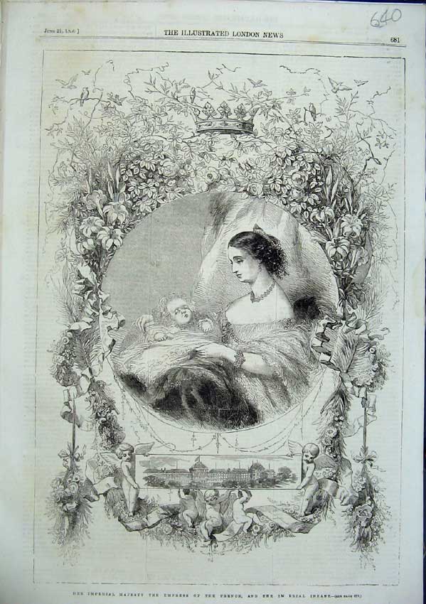 Original Old Antique Print Imperial Majesty Empress French Infant Portrait 1856
