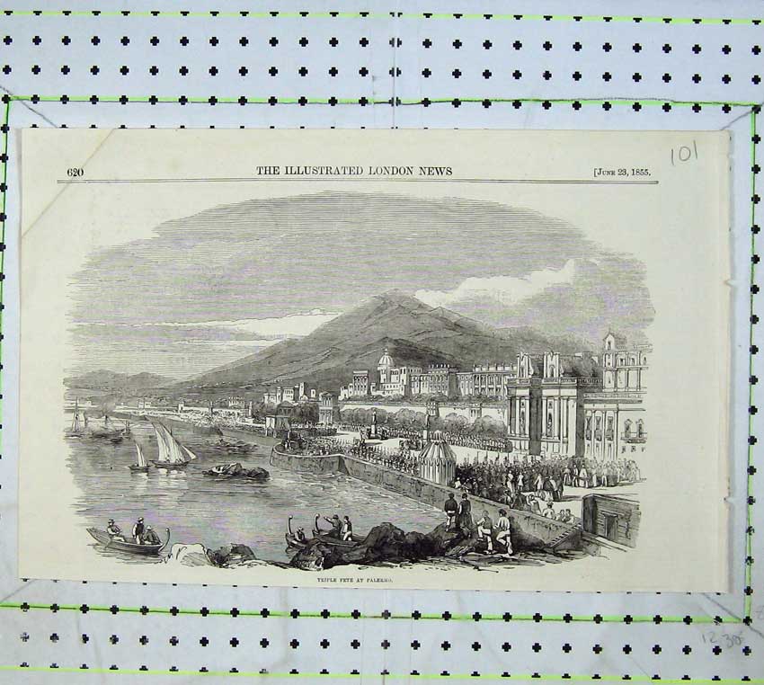 Old Antique Print 1855 Triple Fete Palermo Buildings Mountains Yacht Ship 19th