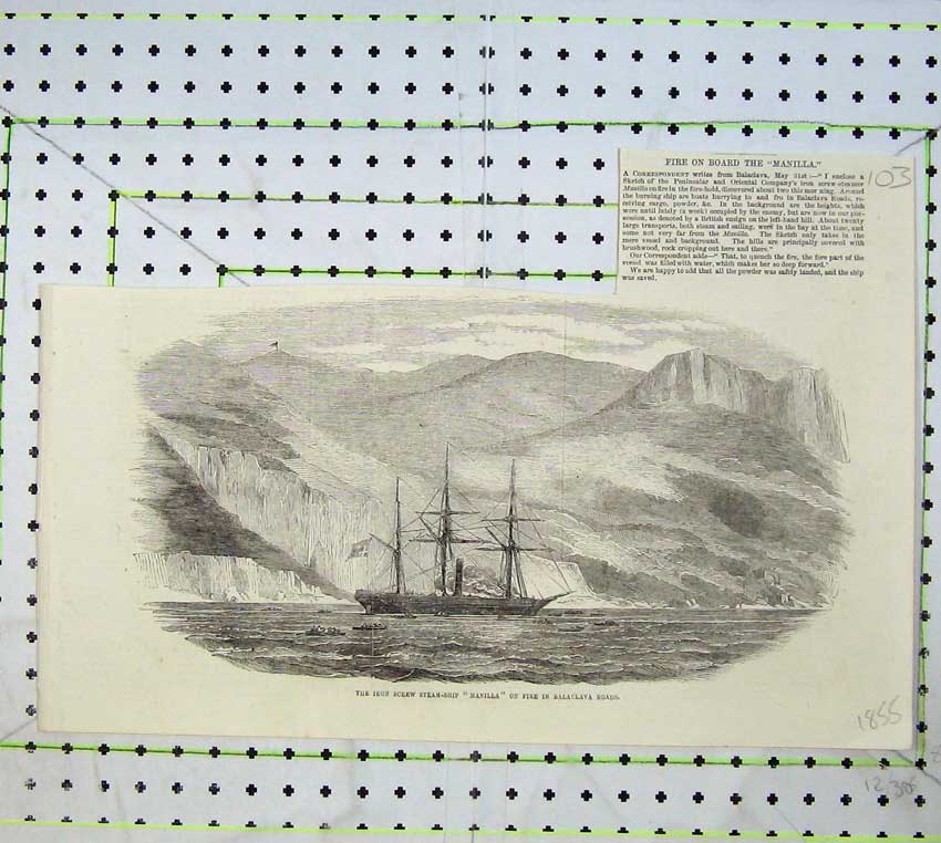 Old Antique Print 1855 Iron Screw Steam Ship Manilla Fire Balaclava Roads 19th