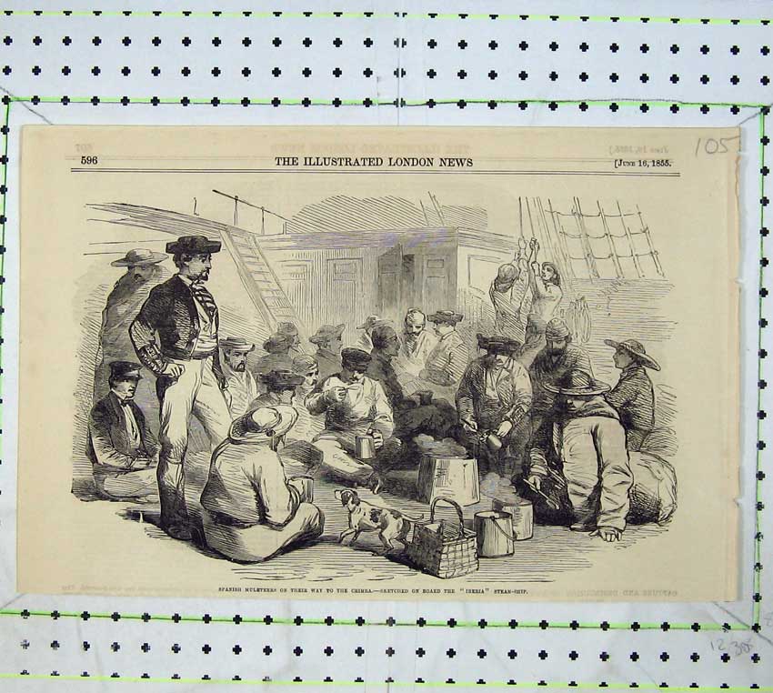 Old Antique Print 1855 Spanish Muleteers Crimea War Iberia Steam Ship Dog 19th