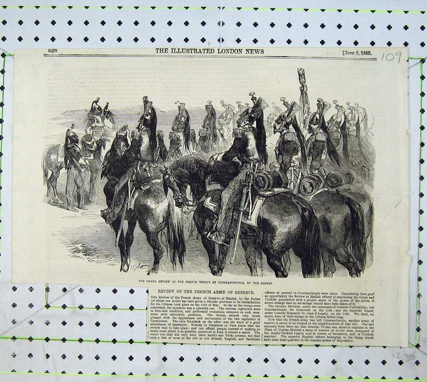 Old Antique Print 1855 Review French Troops Constantinople Sultan War Men 19th