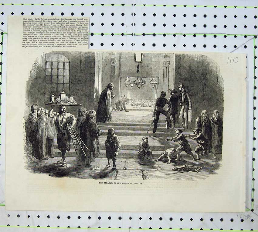 Original Old Antique Print 1855 View Ramazan Mosque Tophana Children Food 19th