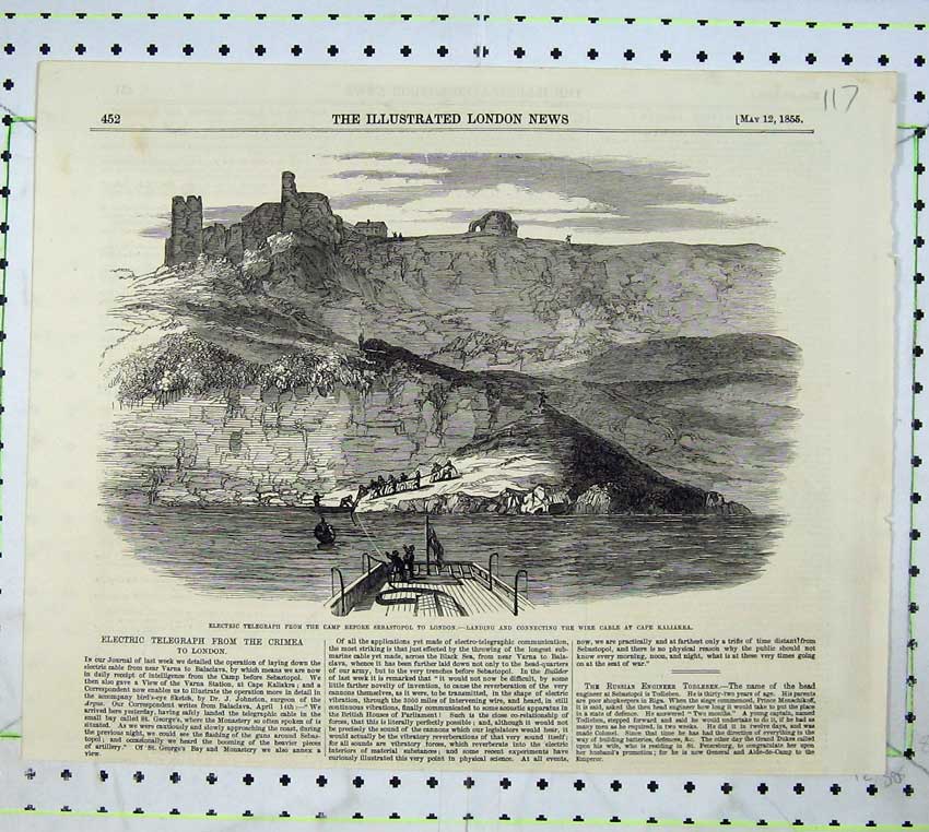Original Old Antique Print 1855 Electric Telegraph Wire Cable Cape Kaliakra Sea