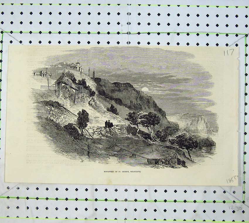 Old Antique Print 1855 Mountain View Monastery St George Balaclava Moon 19th
