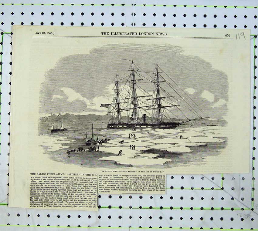 Old Antique Print 1855 Baltic Sea Sailing Ship Fleet Archer Ice Wingo Bay 19th
