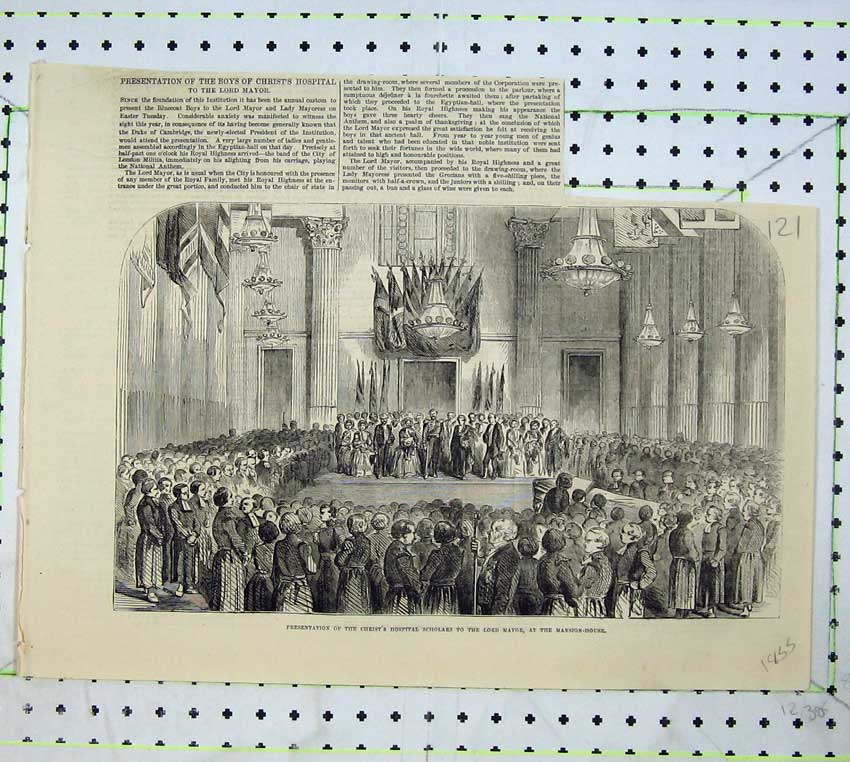 Old Antique Print 1855 Christ Hospital Scholars Lord Mayor Mansion House 19th