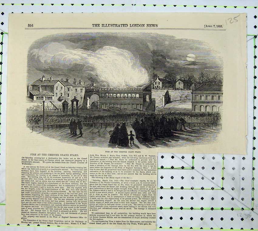 Original Old Antique Print 1855 Scene Fire Chester Grand Stand Moonlight People