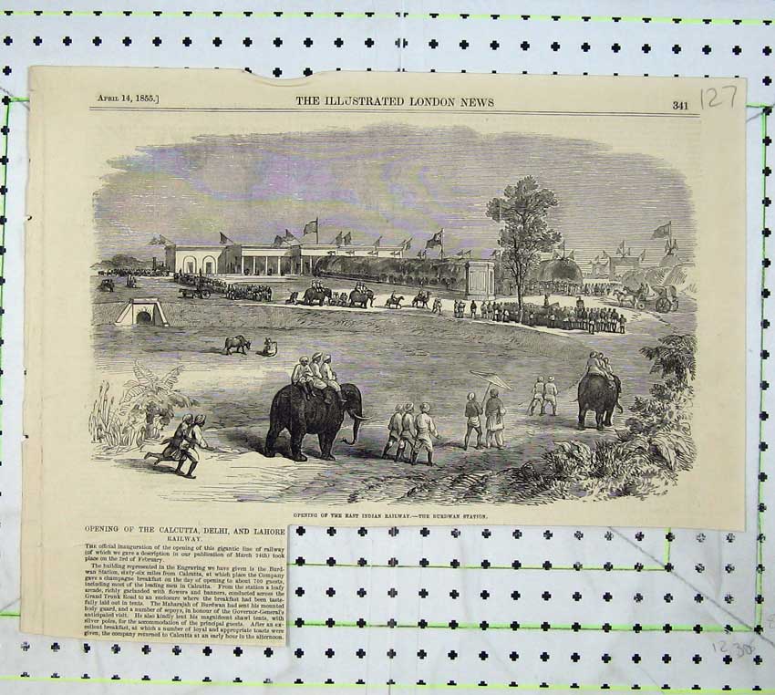 Original Old Antique Print 1855 Indian Railway Burdwan Station Train Elephants