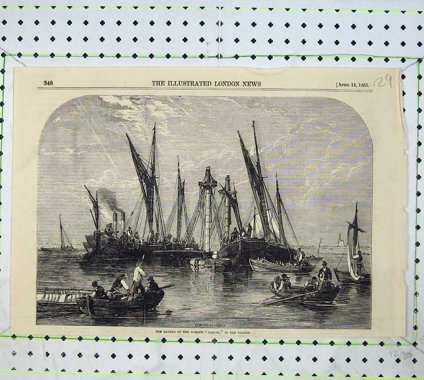 Old Antique Print 1855 Fine Art Raising Ship Barque Samuel River Thames 19th
