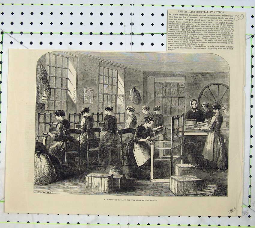 Original Old Antique Print Manufacture Lint Army Crimea Women Working Art 1855