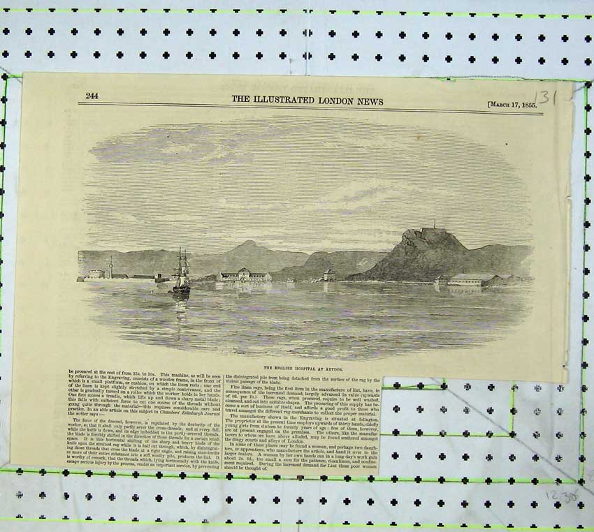 Original Old Antique Print 1855 View English Hospital Abydos Sailing Ship Sea