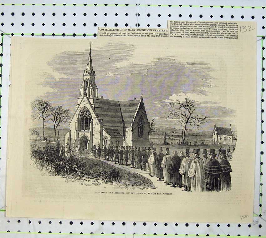 Old Antique Print 1855 Marylebone Burial Ground Finchley Church Funeral 19th