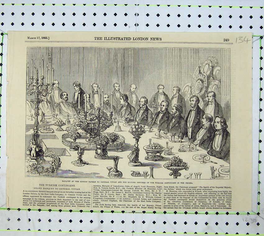 Original Old Antique Print 1855 Banquet London Tavern General Vivian Crimea War