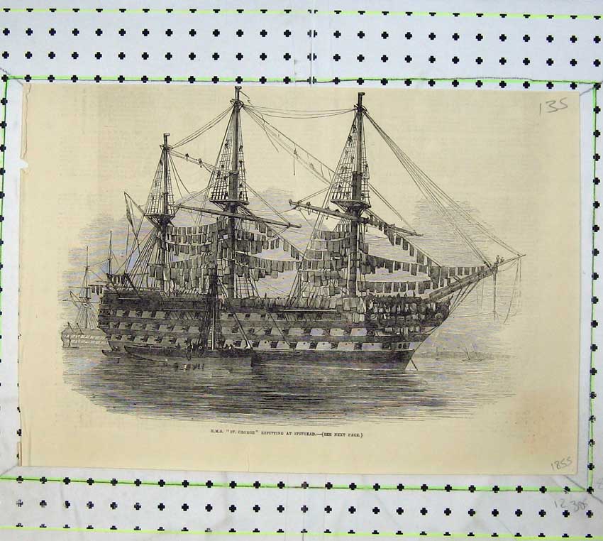 Original Old Antique Print 1855 Sailing War Ship H.M.S St George Spithead Sea