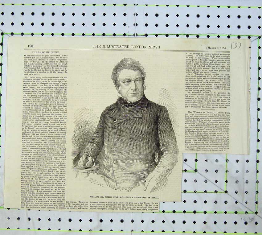 Original Old Antique Print Portrait Mr Joseph Hume Man 1855 Mayall Victorian
