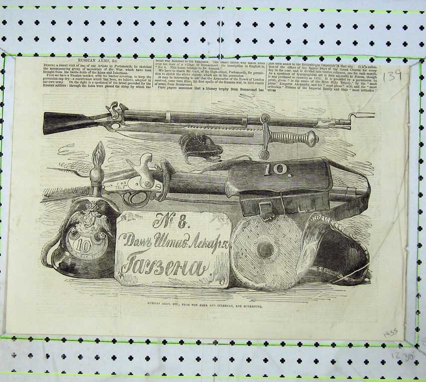 Old Antique Print 1855 Russian Arms Weapons War Alma Inkerman Bomarsund 19th