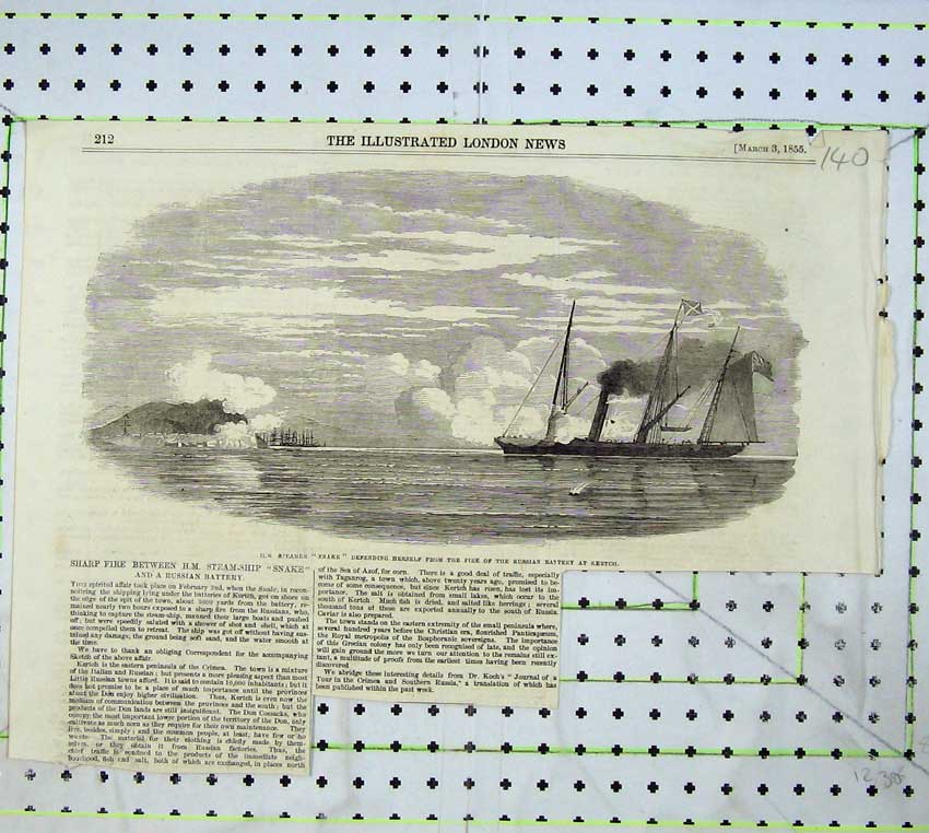 Old Antique Print 1855 War Steamer Ship Snake Fire Russian Battery Kertch 19th