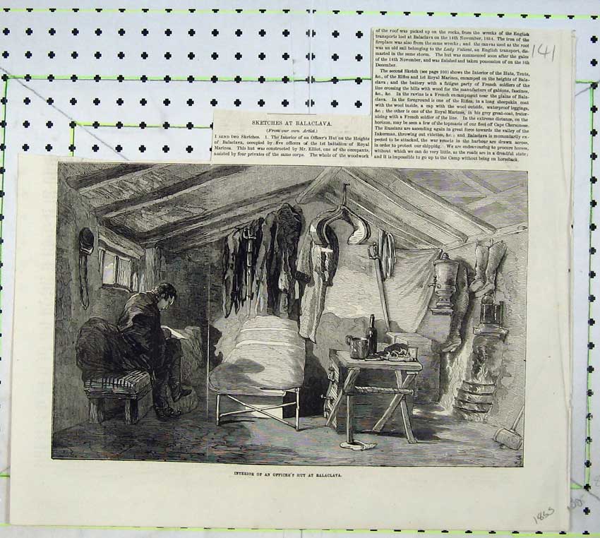 Old Antique Print 1855 View Interior Officer'S Hut Balaclava War Army Art 19th
