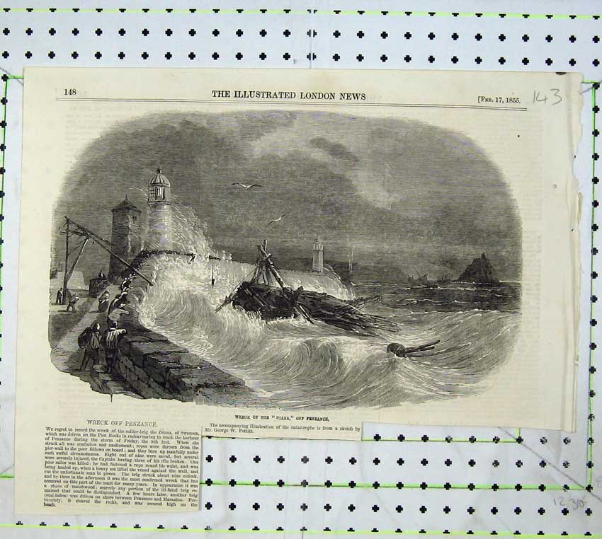 Old Antique Print 1855 Ship Wreck Diana Penzance Lighthouse Pier Sea Bird 19th
