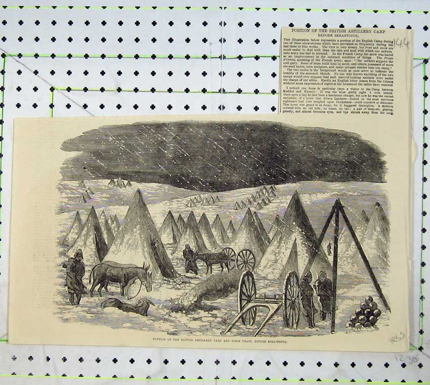 Old Antique Print 1855 British Artillery Camp Siege Train Sebastopol Snow 19th