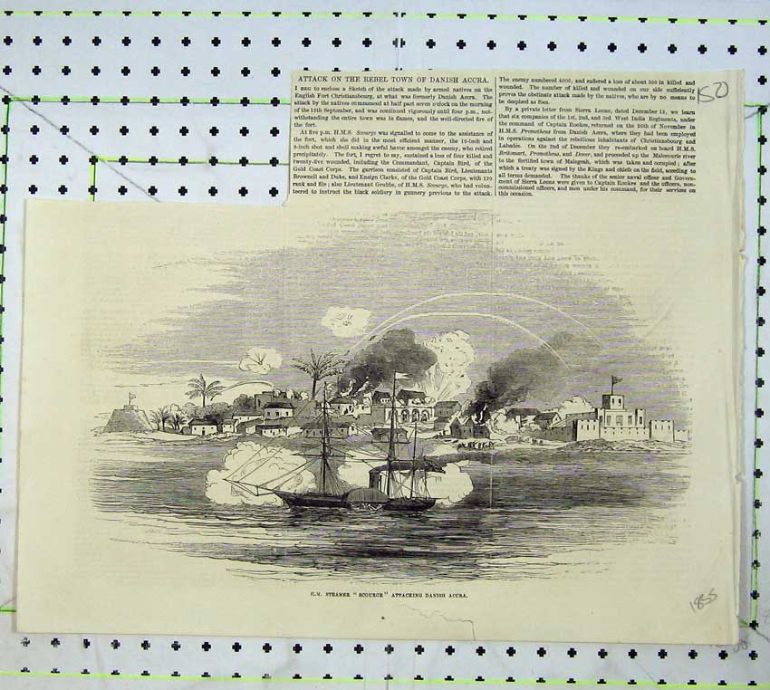 Old Antique Print 1855 Sailing Ship Steamer Scourge Danish Accra Bombing 19th
