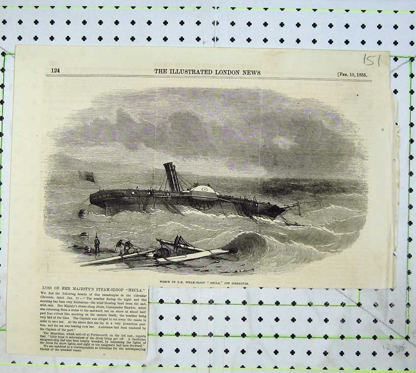 Original Old Antique Print 1855 Ship Wreck H.M Steam Sloop Hecla Gibraltar Sea