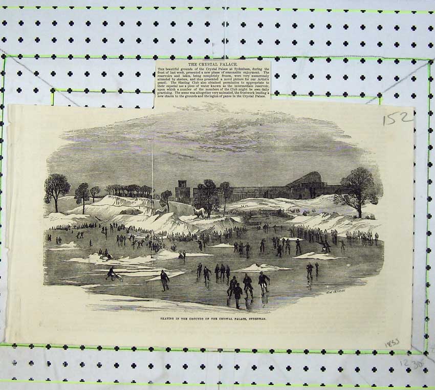 Original Old Antique Print 1855 Ice Skating Crystal Palace Sydenham Winter Snow