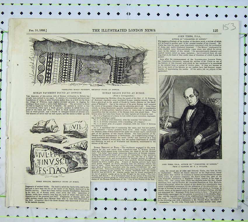 Old Antique Print 1855 John Timbs Tesselated Roman Pavement Burgh Remains 19th