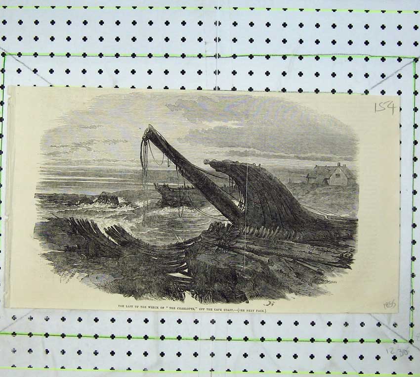 Original Old Antique Print 1855 Ship Wreck Charlotte Cape Coast Sea Storm 19th