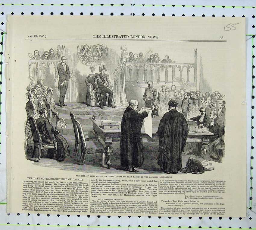 Original Old Antique Print 1855 Earl Elgin Royal Assent Court Parliament People