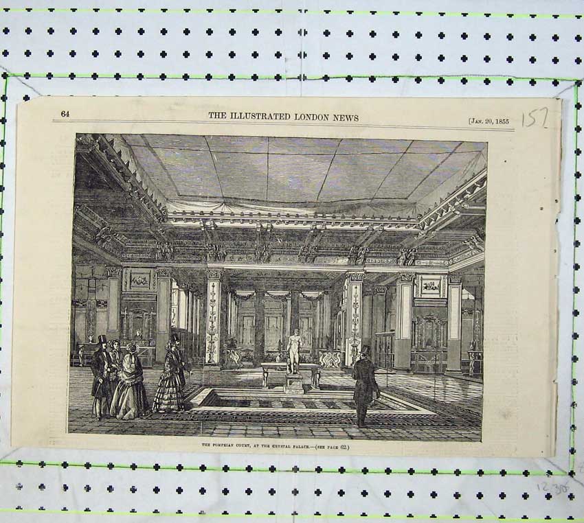 Original Old Antique Print Interior Pompeian Court Crystal Palace Statue 1855