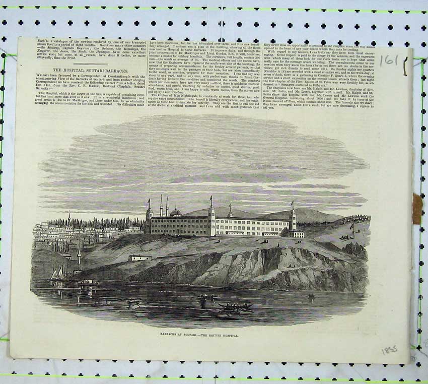 Original Old Antique Print 1855 View Barracks Scutari British Hospital Building