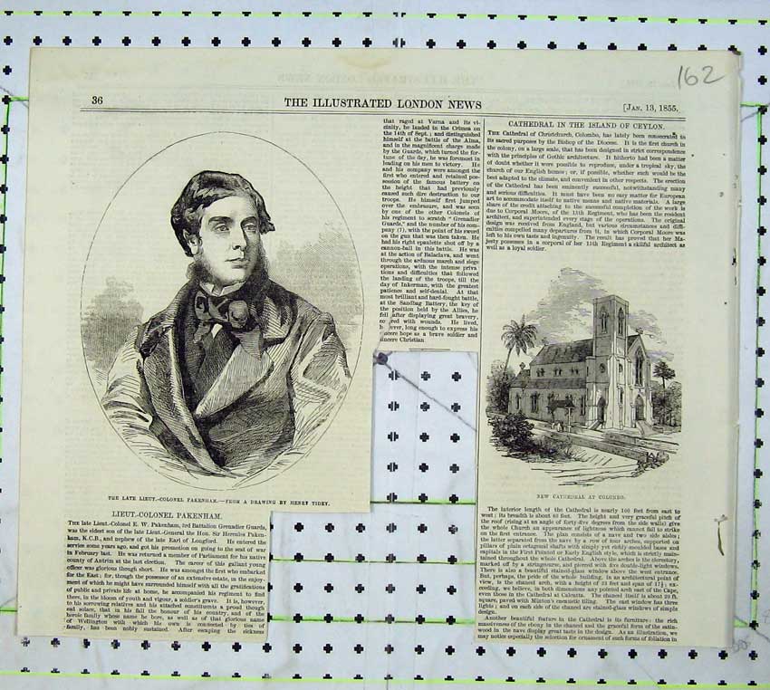Original Old Antique Print 1855 Portrait Colonel Pakenham Man Colombo Cathedral