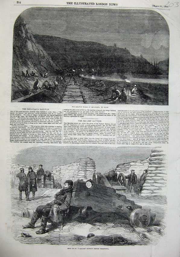 Original Old Antique Print Fine Art 1855 Railway Balaclava Sailors Battery War